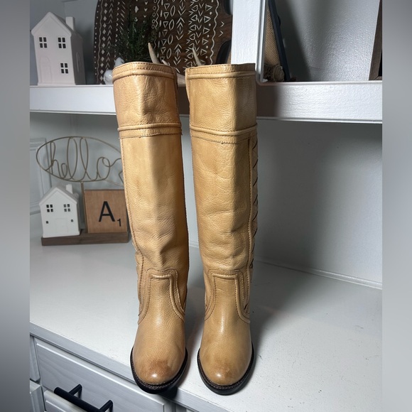 Fossil Tan Leather Knee-High Boots Women’s US 7 Classic Riding Style Braided - Picture 3 of 9